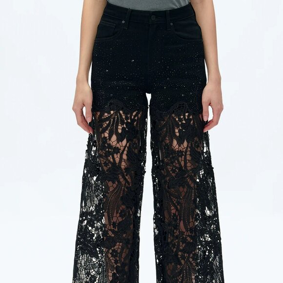NWT Bayeas Lesley Black High Rise Lace Wide Leg Jeans with Rhinestones - Picture 3 of 12